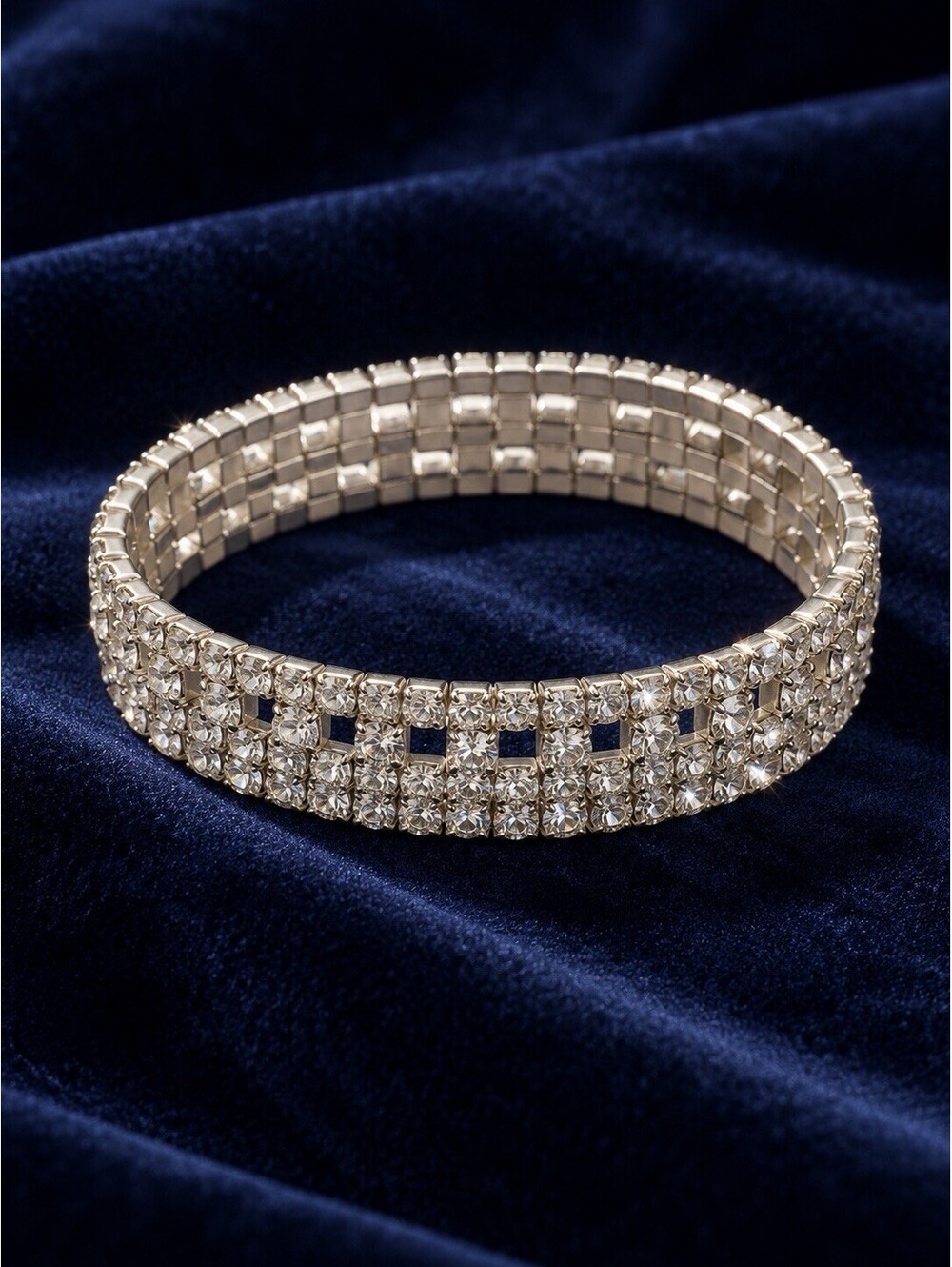 Wide Silver Tone Rhinestone Stretch Bracelet Sparkly Openwork Cuff